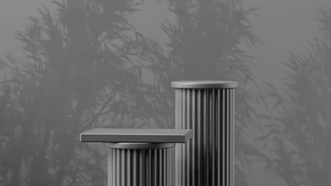 minimalist teal display podium with two cylindrical platforms and abstract foliage shadows on black background. product showcase, modern presentation, and branding concept.