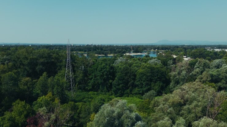 drone shot of Lake Jarun with tree lined shores, central island, and skyline of Zagreb in background