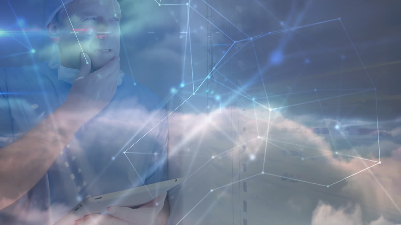 animación de la red de conexiones a través de un médico caucásico usando una tableta