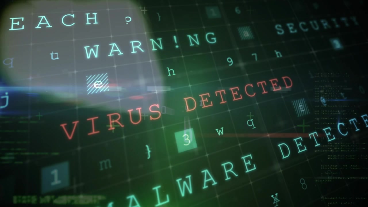 Animation of cyber attack warning over data processing on black background