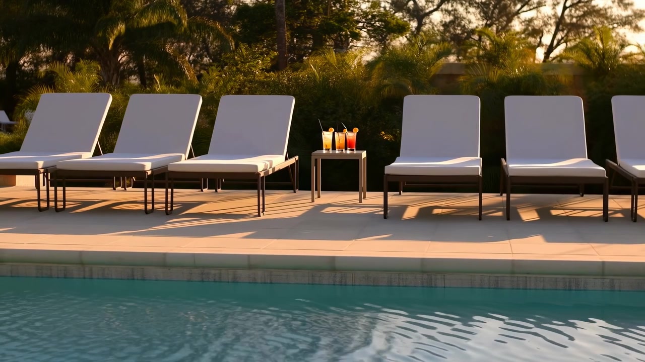 Empty lounge chairs line pool edge as gentle water ripples reflect daylight, with greenery behind seating area and warm outdoor lighting forming serene leisure environment.