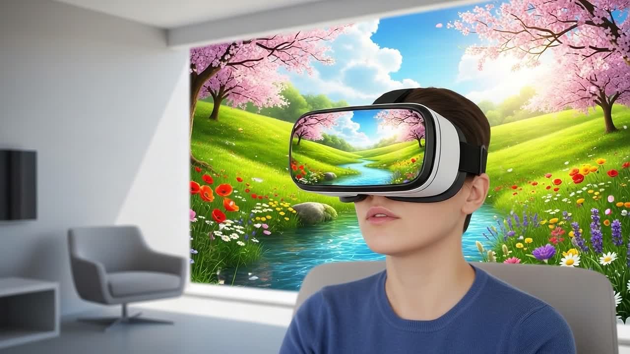 Immersive Virtual Reality Experience: Engaging with a Lush, Vibrant Landscape Through Advanced VR Technology and Enchanting Visual Narratives