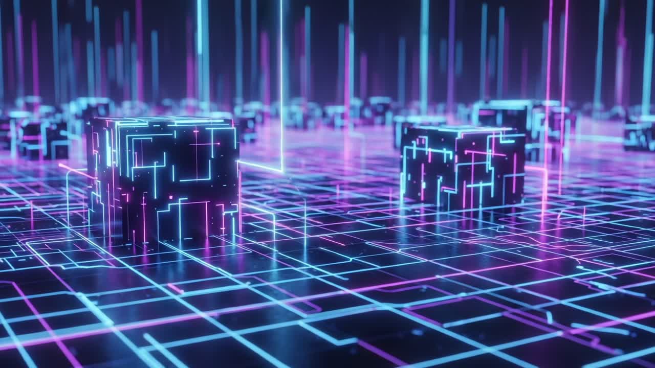 Futuristic Digital Landscape with Glowing Cubes and Data Streams, Showcasing an Abstract Network of Neon Lights and Geometric Patterns in a Sci-Fi Environment