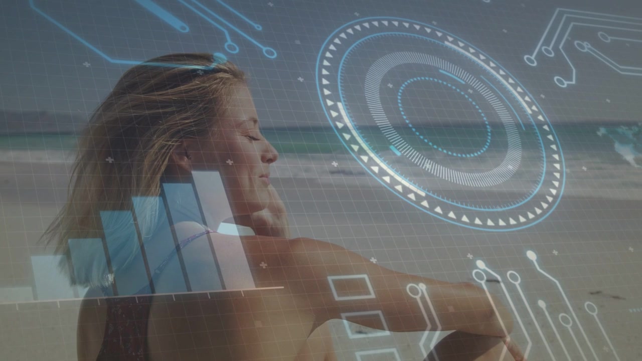 Woman sitting beach facing sea shot starting AR HUD overlaying bars nodes rising showing IT data