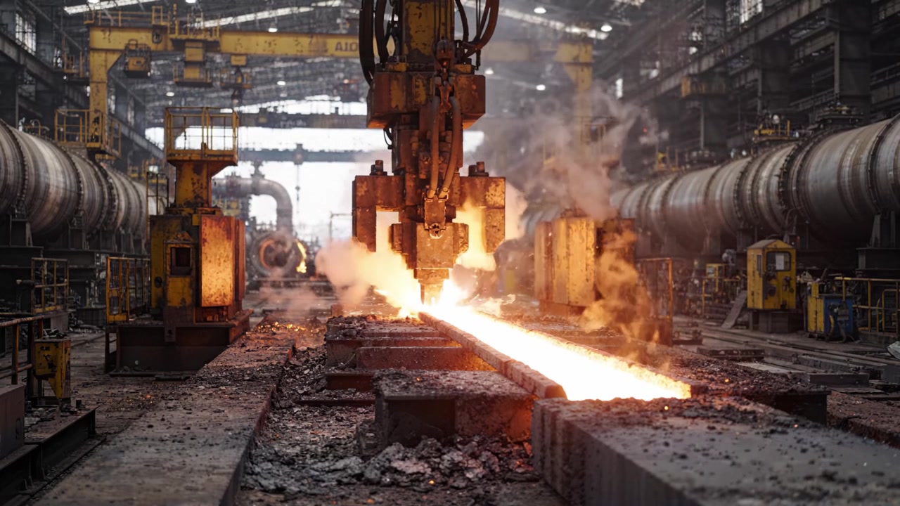 Processo de Fundição Industrial: Alto Calor, Vazamento Contínuo de Metal em uma Grande Fábrica com Máquinas Pesadas e Trabalhadores Operando ao Redor da Instalação