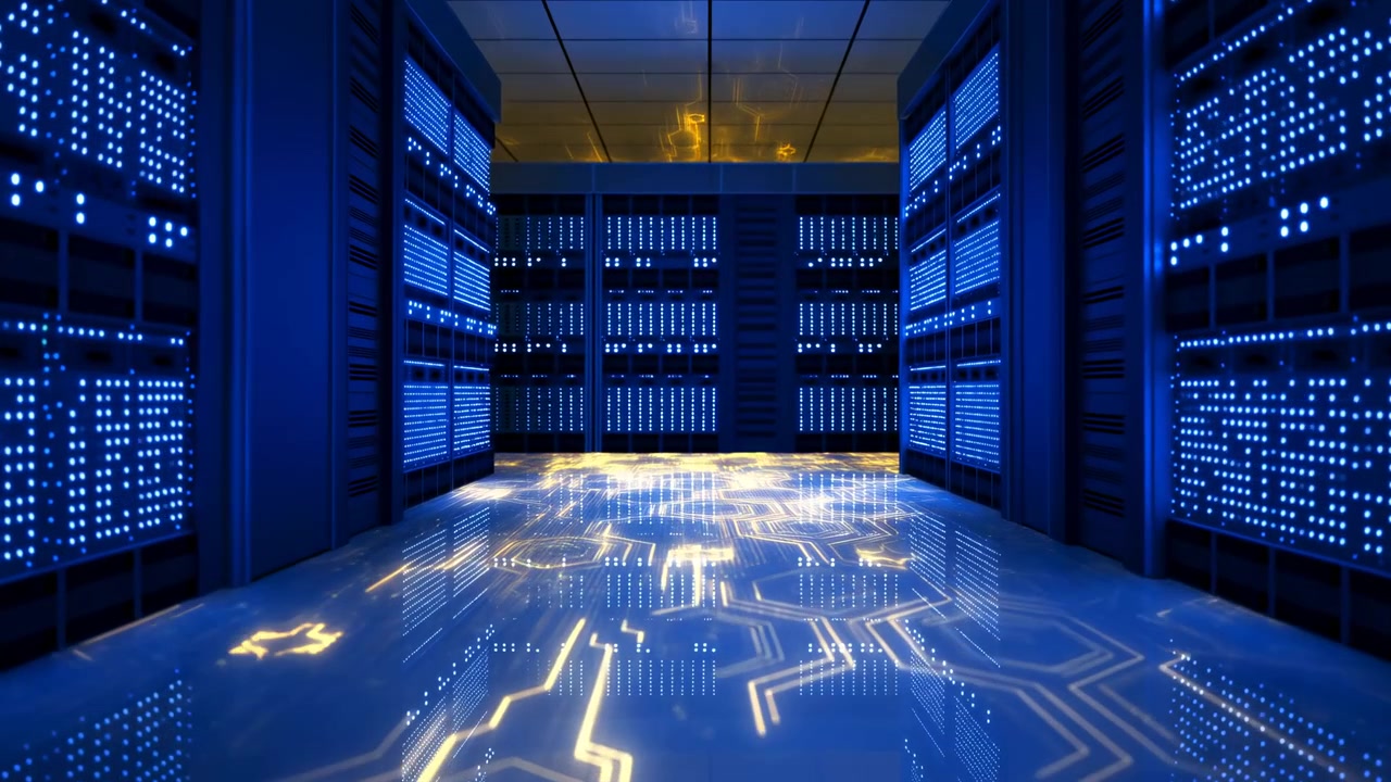 Vista centrata dal basso attraverso un corridoio di un data center fiancheggiato da alti rack di server su entrambi i lati e sul retro, fitte schiere di LED blu, riflessi specchiati sul pavimento, superfici metalliche e pulito e sicuro.