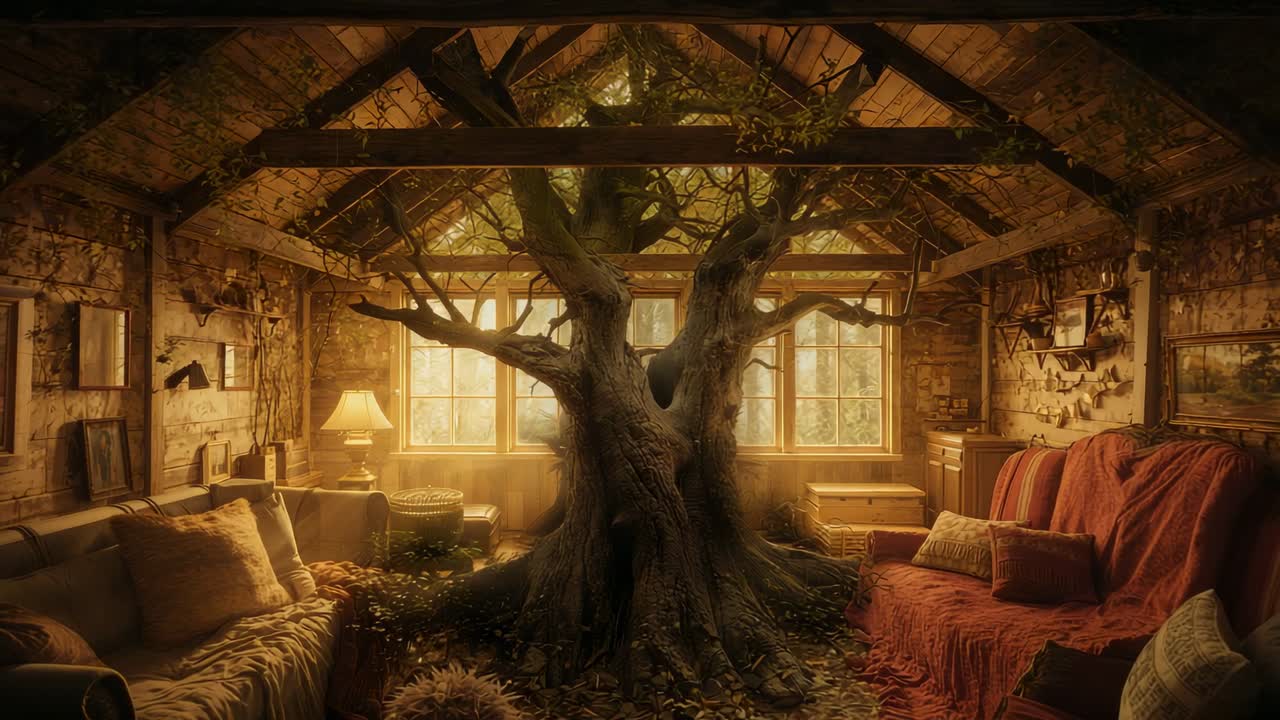 Camera holding steady in cozy attic sitting room, revealing ancient tree trunk with sprawling roots
