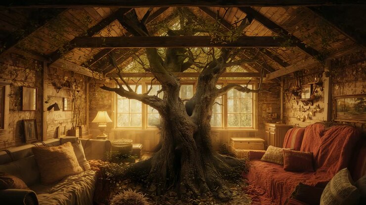 Camera holding steady in cozy attic sitting room, revealing ancient tree trunk with sprawling roots