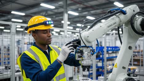 a skilled technician fine-tuning a robotic arm in a high-tech manufacturing facility, showcasing the future of automation and precision engineering