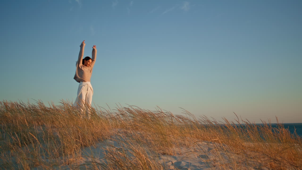 Woman standing dry grass raising hands to blue sky. Brunette enjoying nature