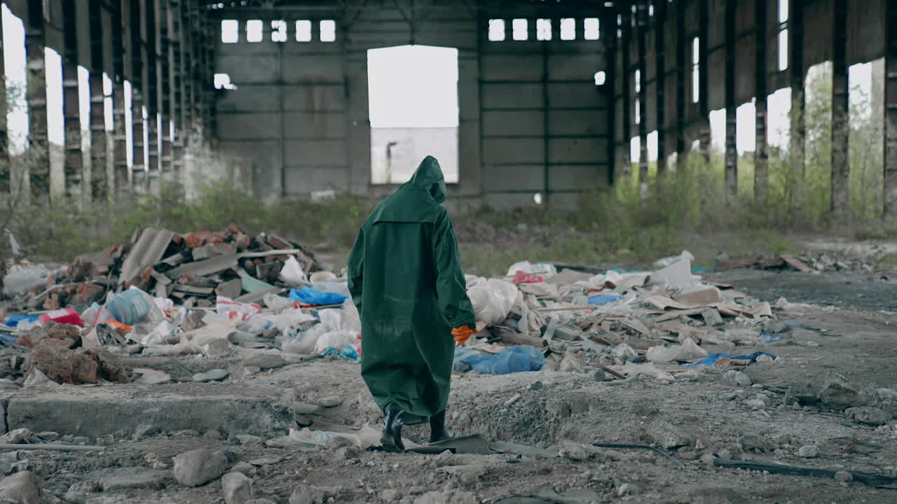 Man in protective mask and suit. Human in biohazard uniform standing in the empty city.