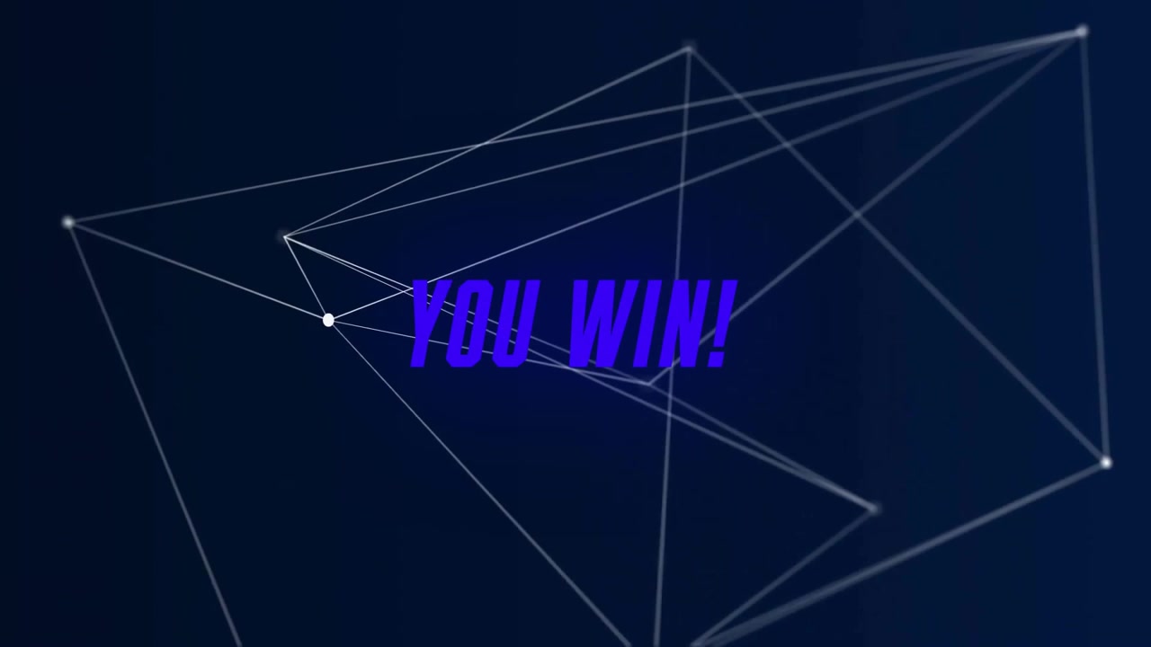 You win! text animation over geometric lines on dark background