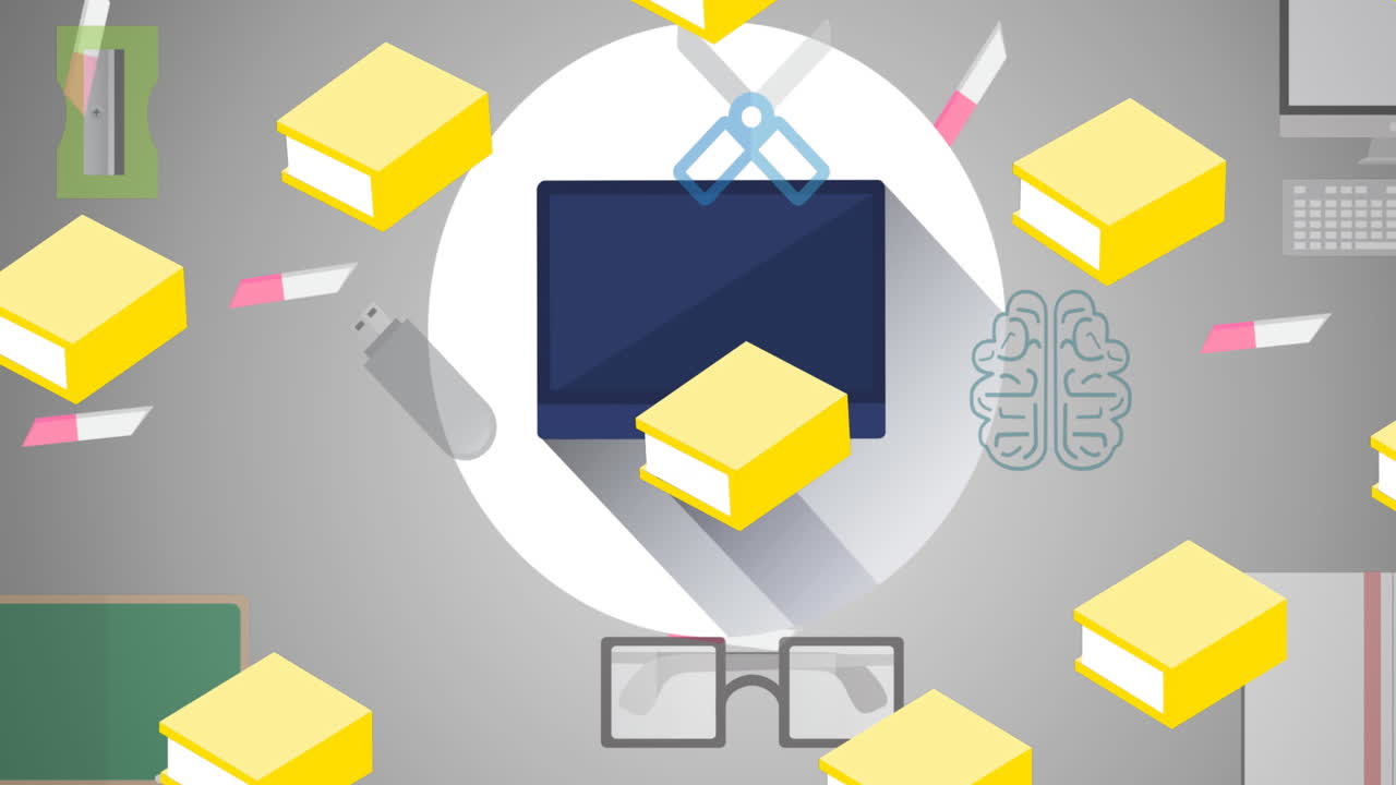 학교 아이템 아이콘의 애니메이션이 회색 배경에 움직입니다.