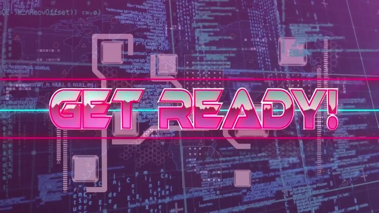 Animation of start text over neon metallic pink start on pink background