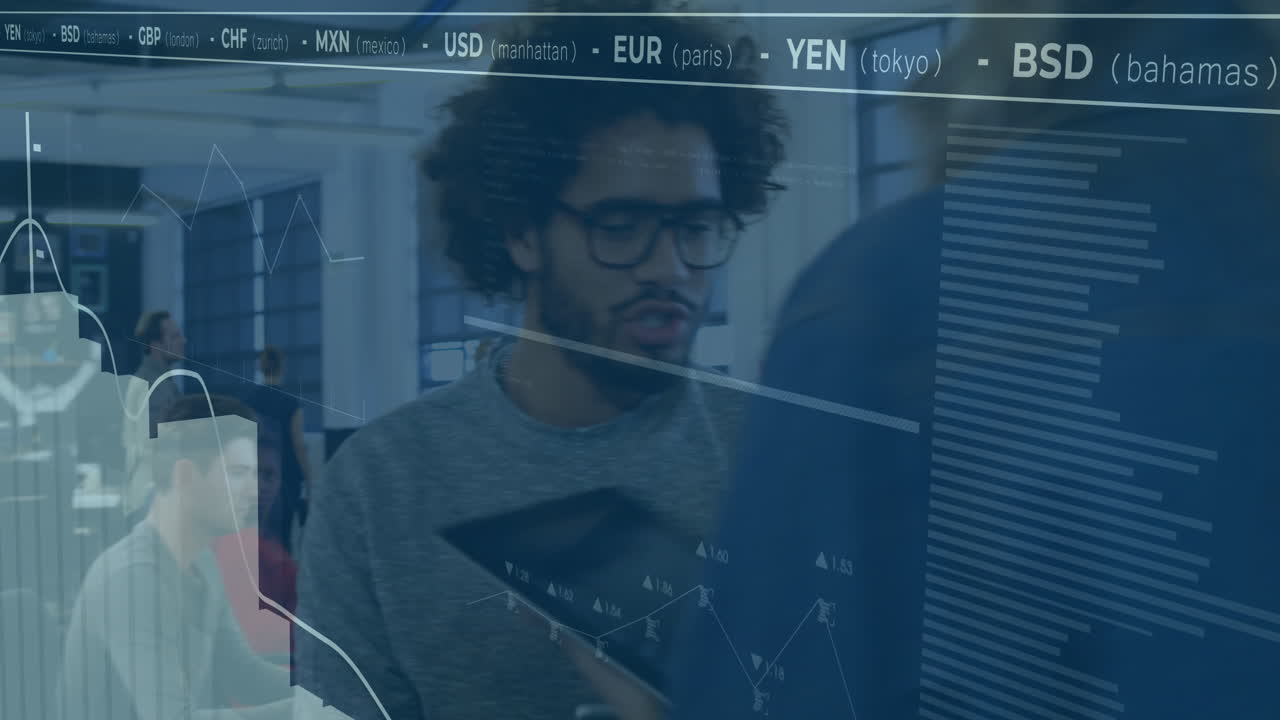 Financial data and currency exchange rates animation over people working in office