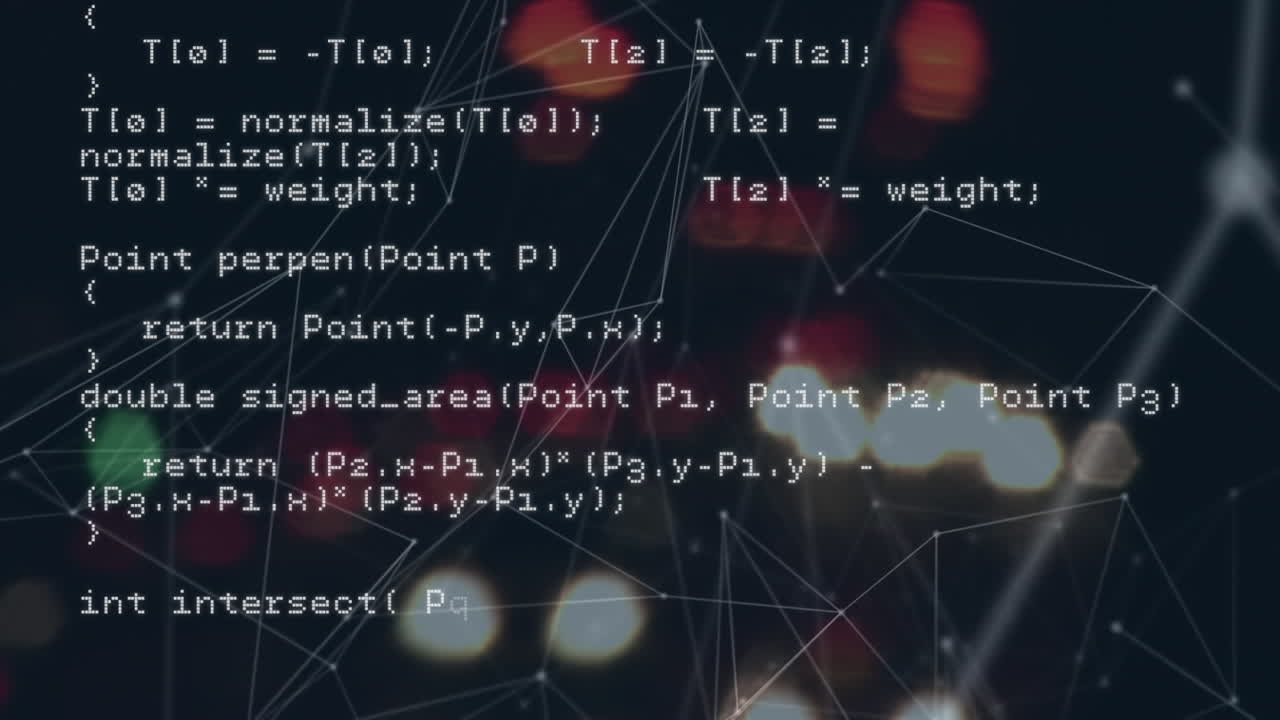 Animation of data processing and network of connections against blurred view of night city traffic