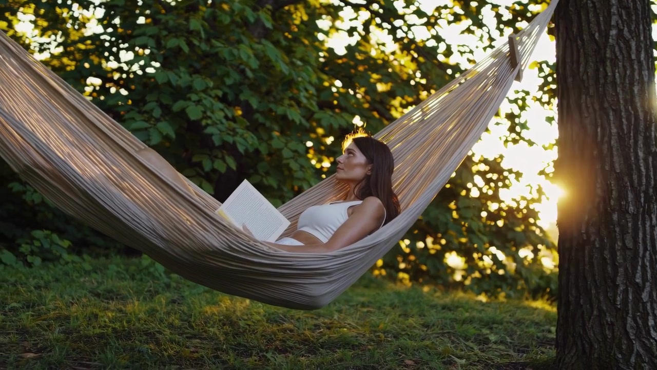 Mujer joven leyendo un libro y relajándose en una hamaca al atardecer