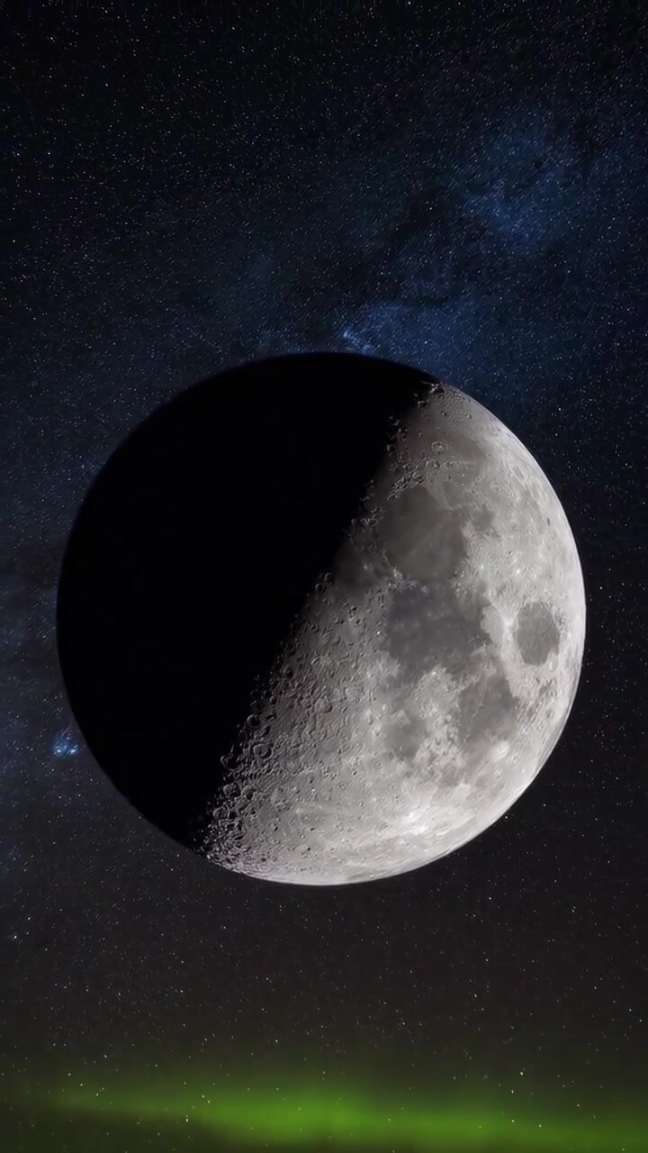 Meia Lua Detalhada no Céu Noturno Estrelado com Aurora Boreal