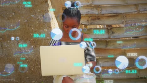 estudio de una joven afroafricana negra que trabaja en un pueblo rural remoto usando una computadora portátil moderna con wi-fi rápido internet animación datos estadísticas infografías