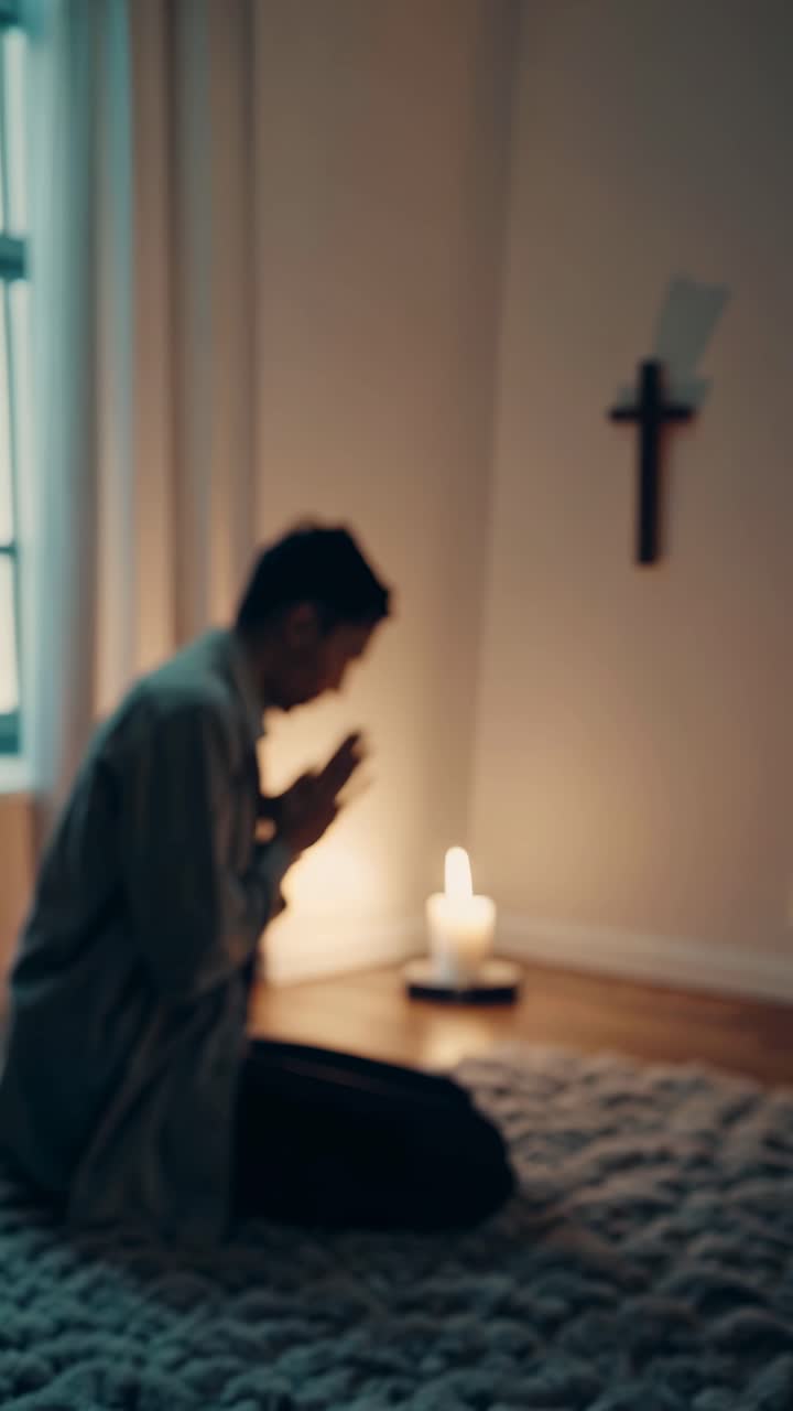 A dimly lit video scene shows a person kneeling in prayer on a rug, with a candle and cross