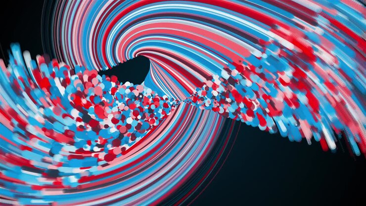 Twisted abstract element from colored lines and particles, computer generated. 3d rendering vortex background