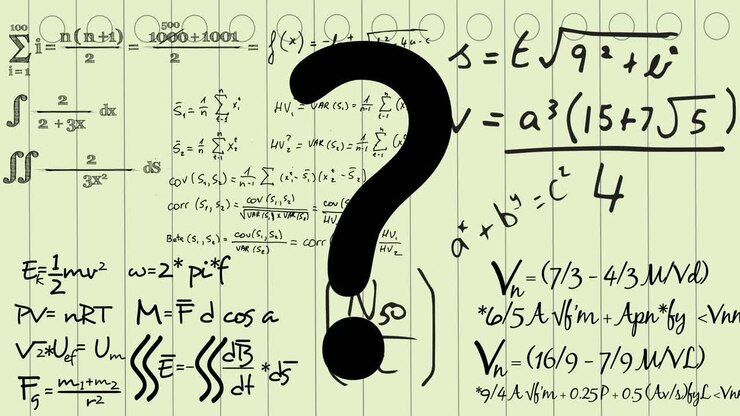 Animazione di un punto interrogativo ed equazioni matematiche su sfondo bianco