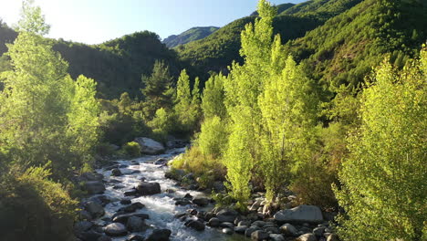 beautiful mountain river stream with fast flowing water and rocks