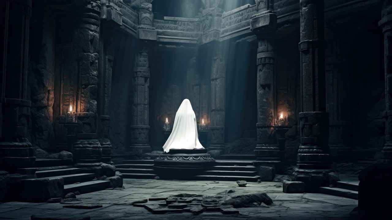 Cinematic video still of an ancient stone temple interior, captured from a low angle