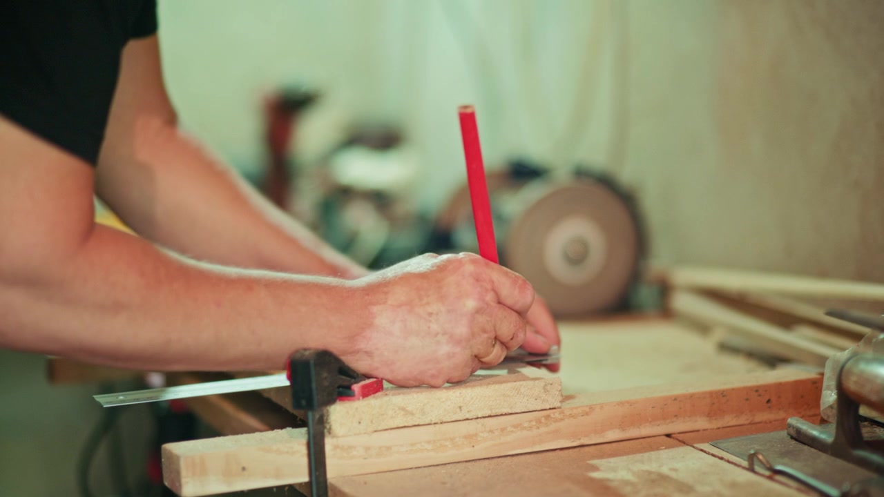 Close-up de um artesão usando um lápis vermelho e um esquadro de metal para marcar pontos de perfuração em uma tábua de madeira em uma oficina. Filmagem autêntica de marcenaria DIY para projetos de artesanato e criação
