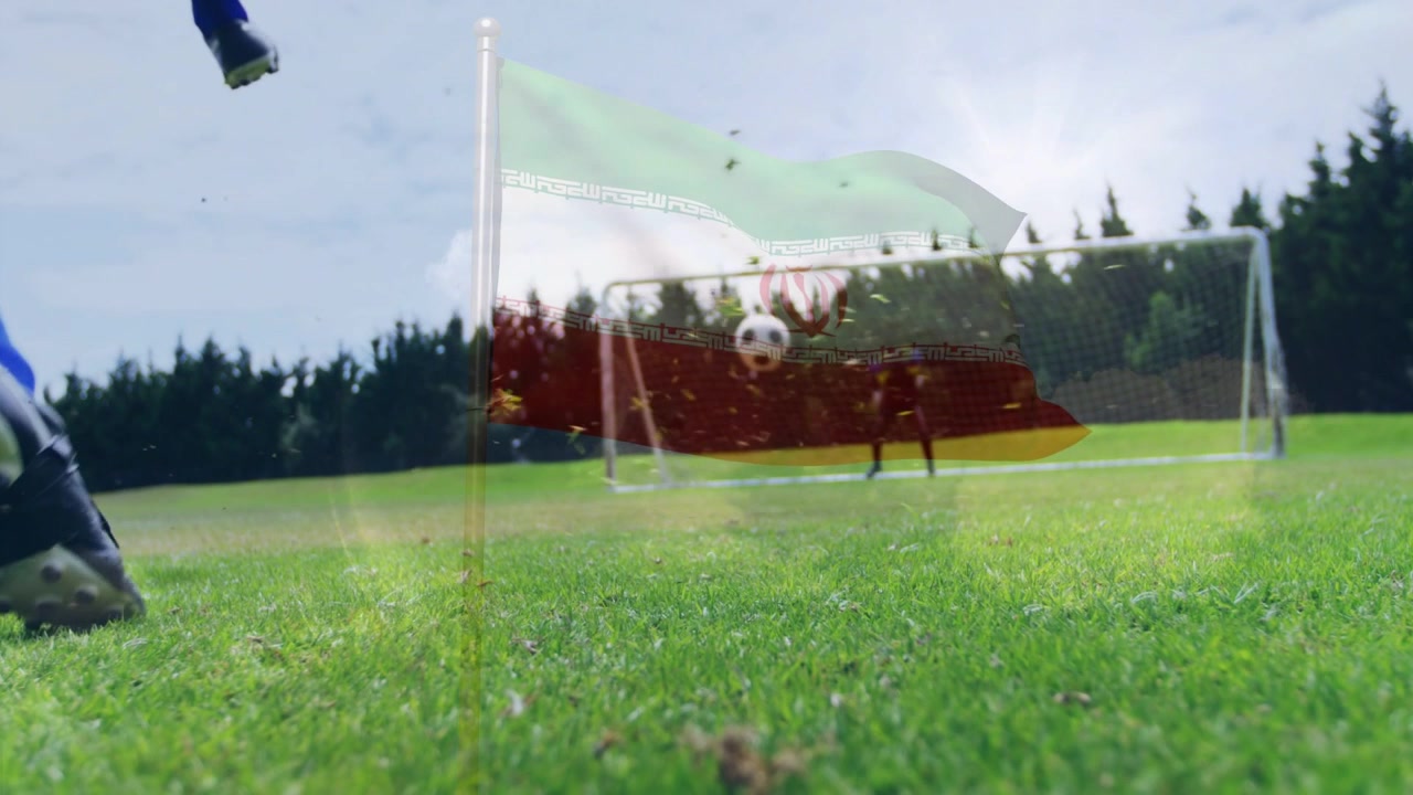 Soccer shooter17 running cleat tapping ball into net GK diving trying save flag overlaying players