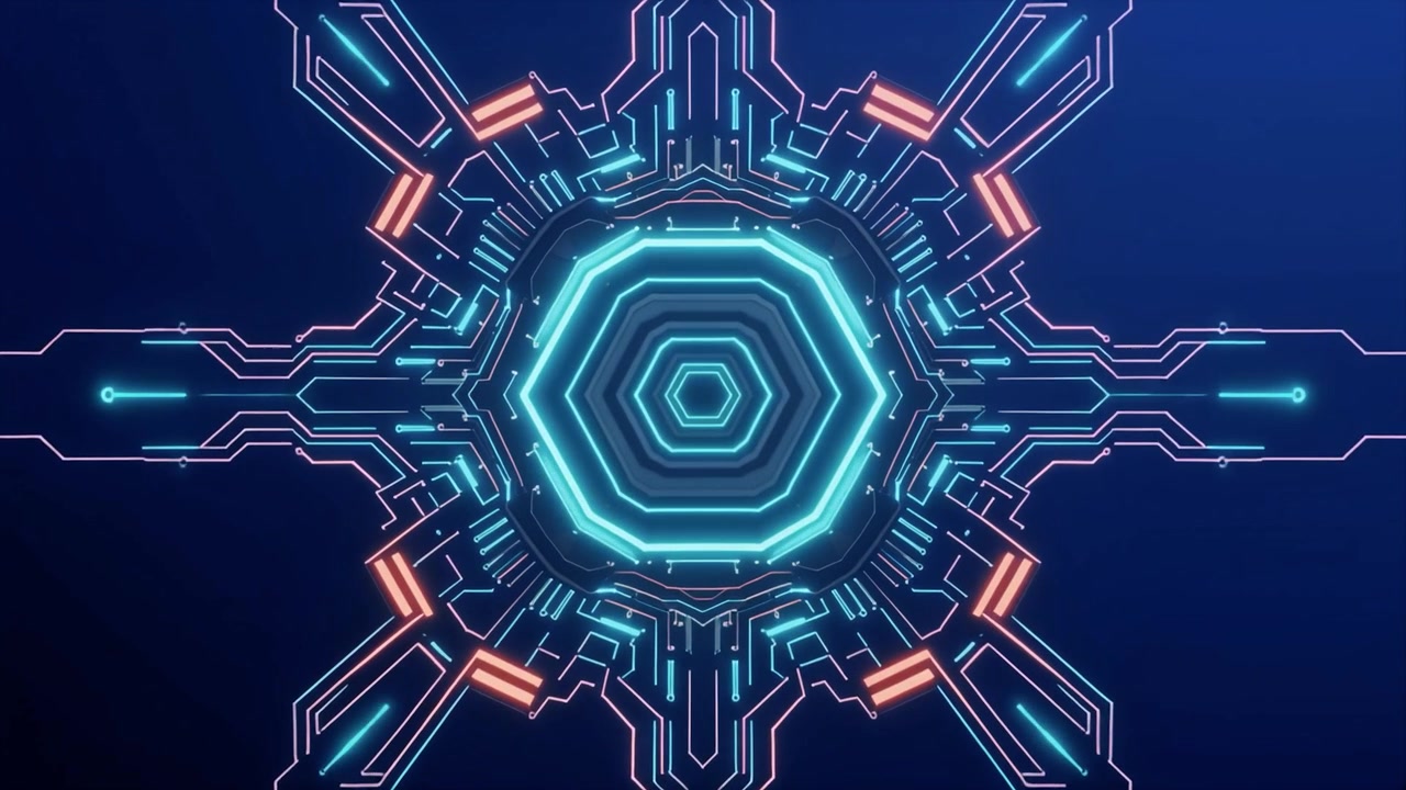 Abstract Futuristic Circuit Board with Glowing Hexagonal Core