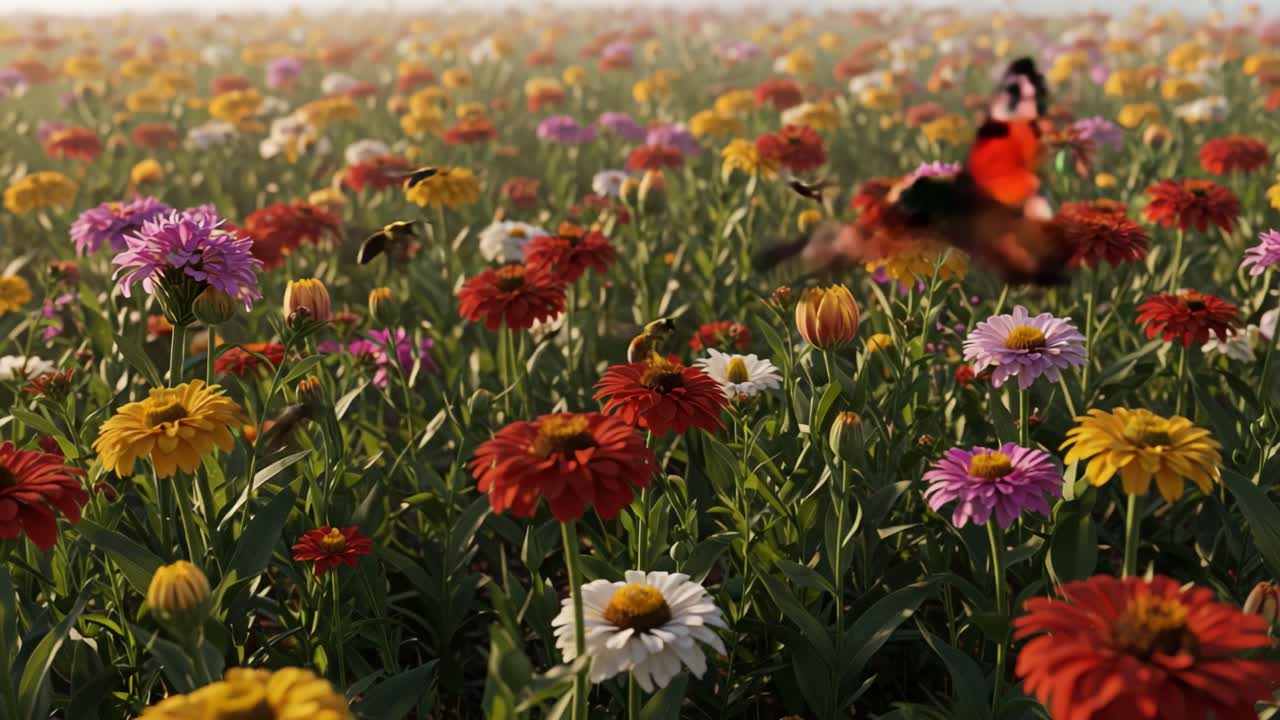 Una vibrante esplosione di colore: un lussureggiante campo di fiori diversi con api e farfalle in piena fioritura, catturato con dettagli mozzafiato.