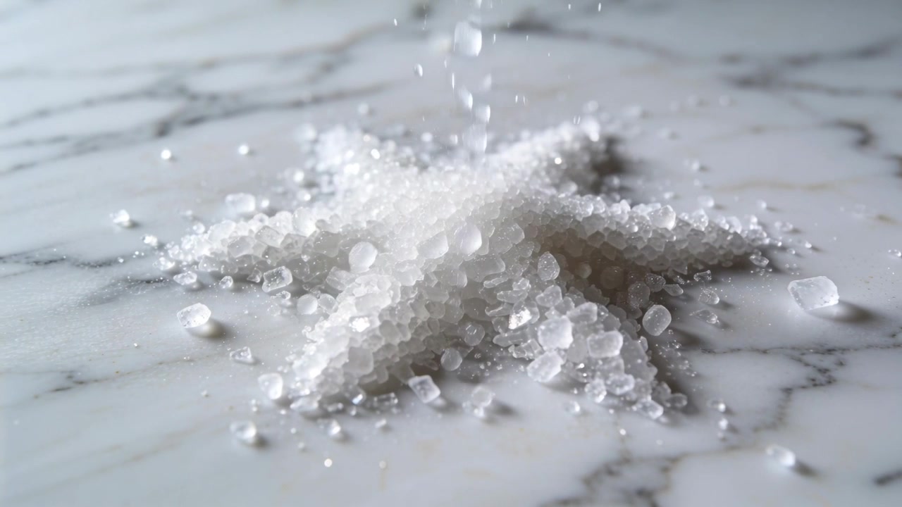 Derramando um fino fluxo de cristais de sal branco grosso sobre uma laje de mármore, formando uma pilha em estrela de cinco pontas.