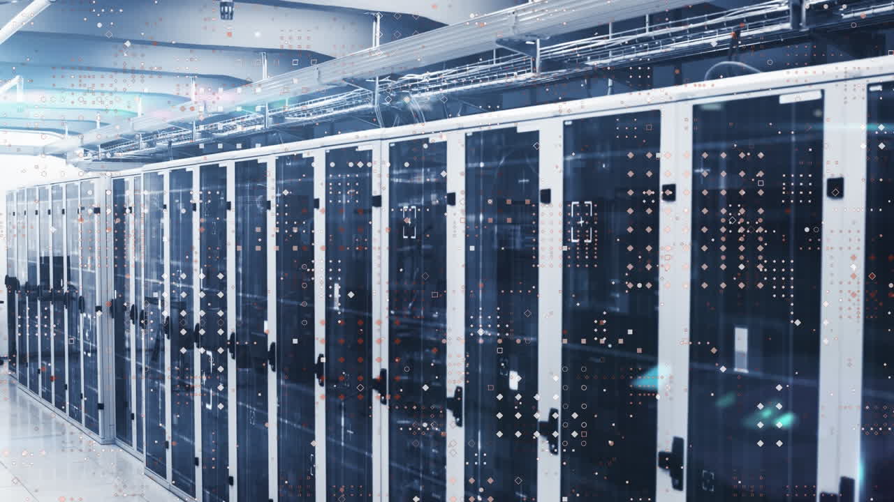 animatie van punten en lensflares over zoekers op data server rack in de serverkamer