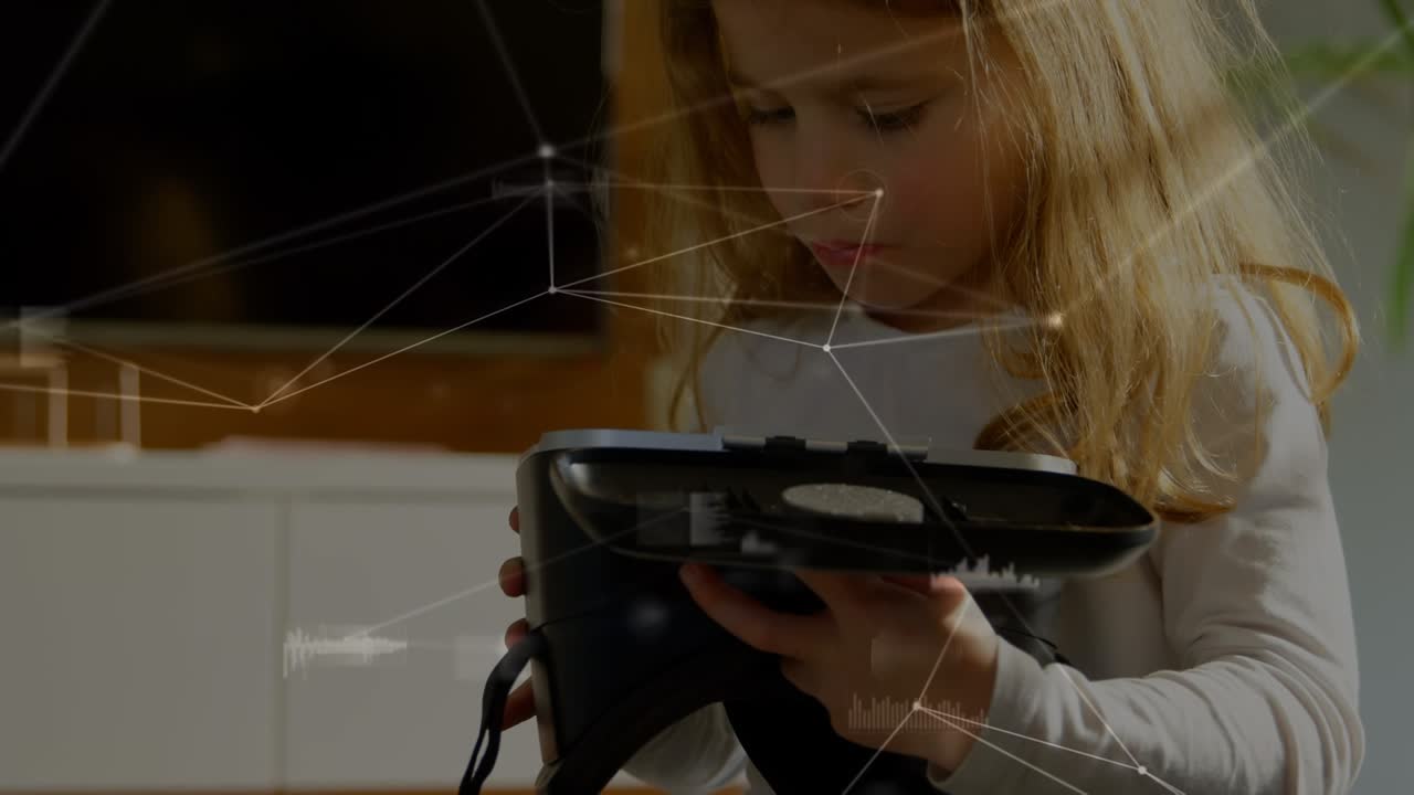 Animation af databehandling over kaukasisk pige, der bruger VR headset