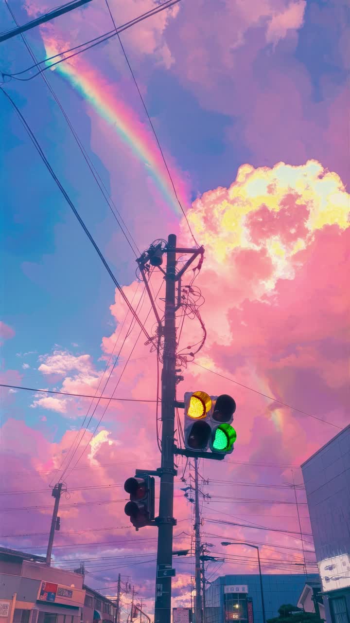 Vibrant street scene with a rainbow and sunset sky, captured from a low angle