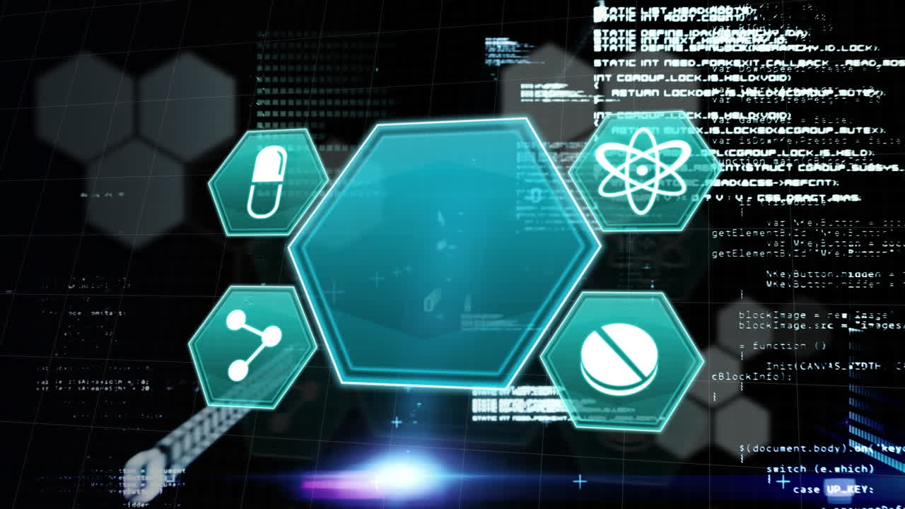 Animation of data processing and medical icons over black background