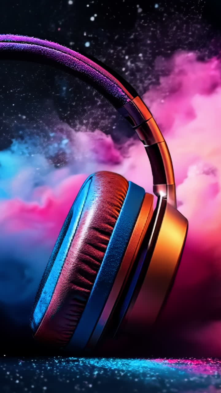 A pair of headphones with a blue and red design are placed on a table. The headphones are surrounded by a cloud of smoke, giving the impression of a futuristic or sci-fi setting