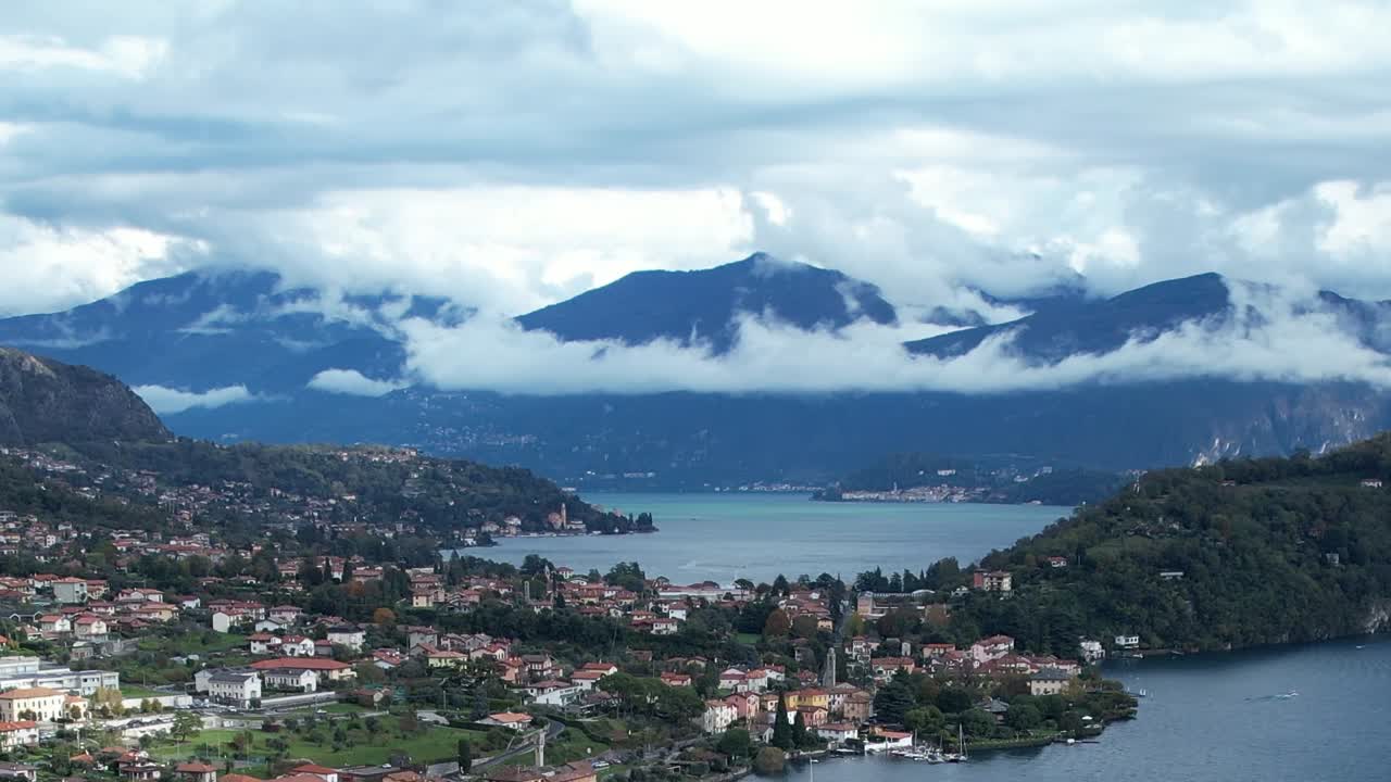 Stunning aerial view of the Italian Alps and lake landscape