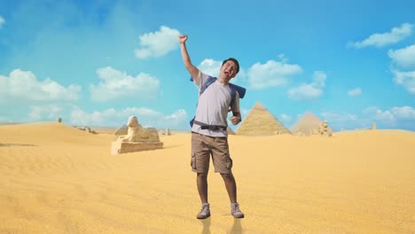 excited traveler in the egyptian desert