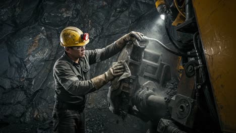 dedicated miner concentrating on machinery maintenance in a dimly lit underground setting, ensuring optimal performance and safety in the mining environment
