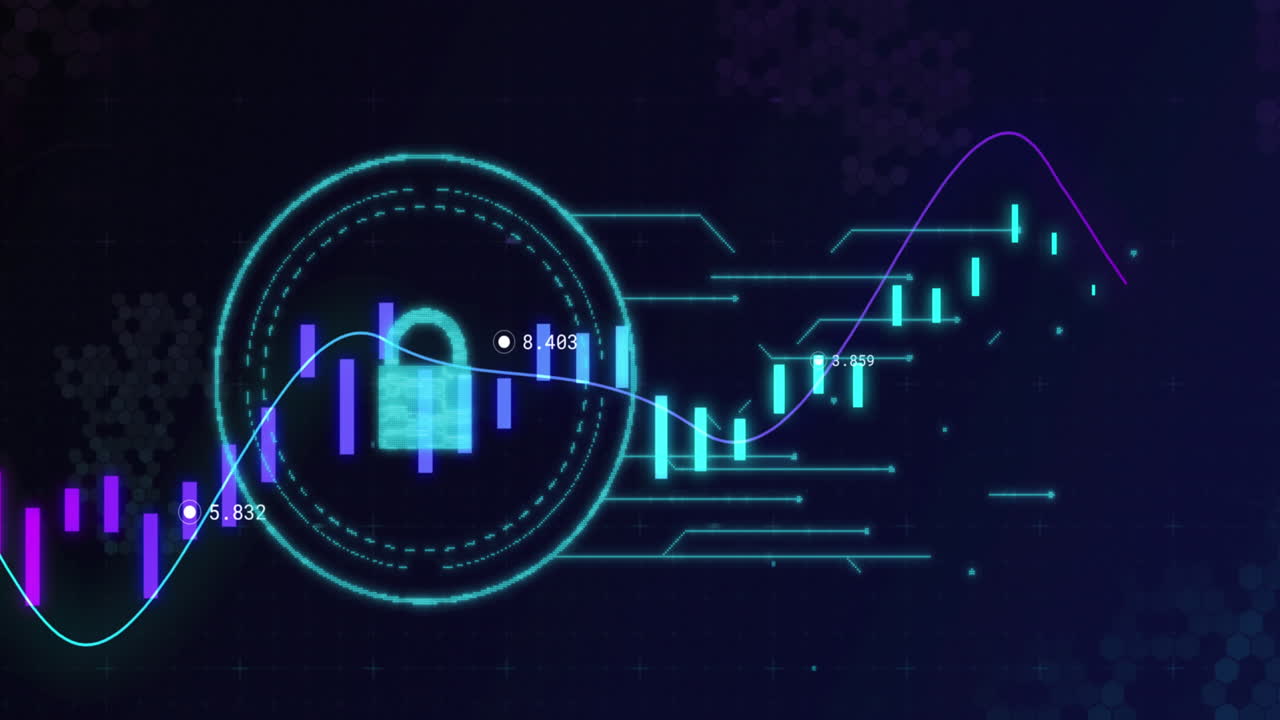 온라인 보안  ⁇ 락의  ⁇ 박임으로 금융 데이터 처리를 하는 라인의 애니메이션