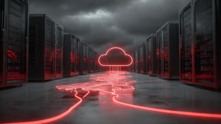 A Futuristic Data Center Under Cloud Technology Illuminated by Neon Lights, Showcasing the Flow of Data Through Virtual Connections in a High-Tech Environment