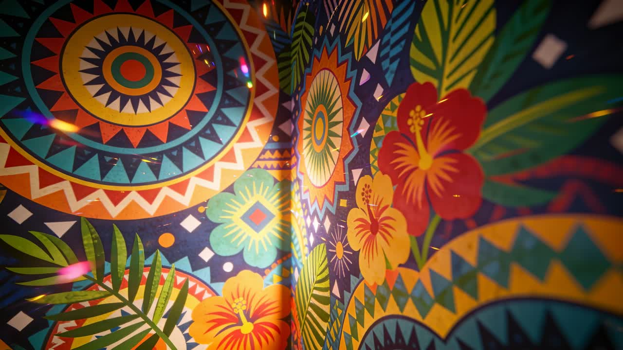 Panorerende kamera beveger seg nærmere en hjørnesøm på et stoff inne i et rom, og avslører en mandala og hibiskus.