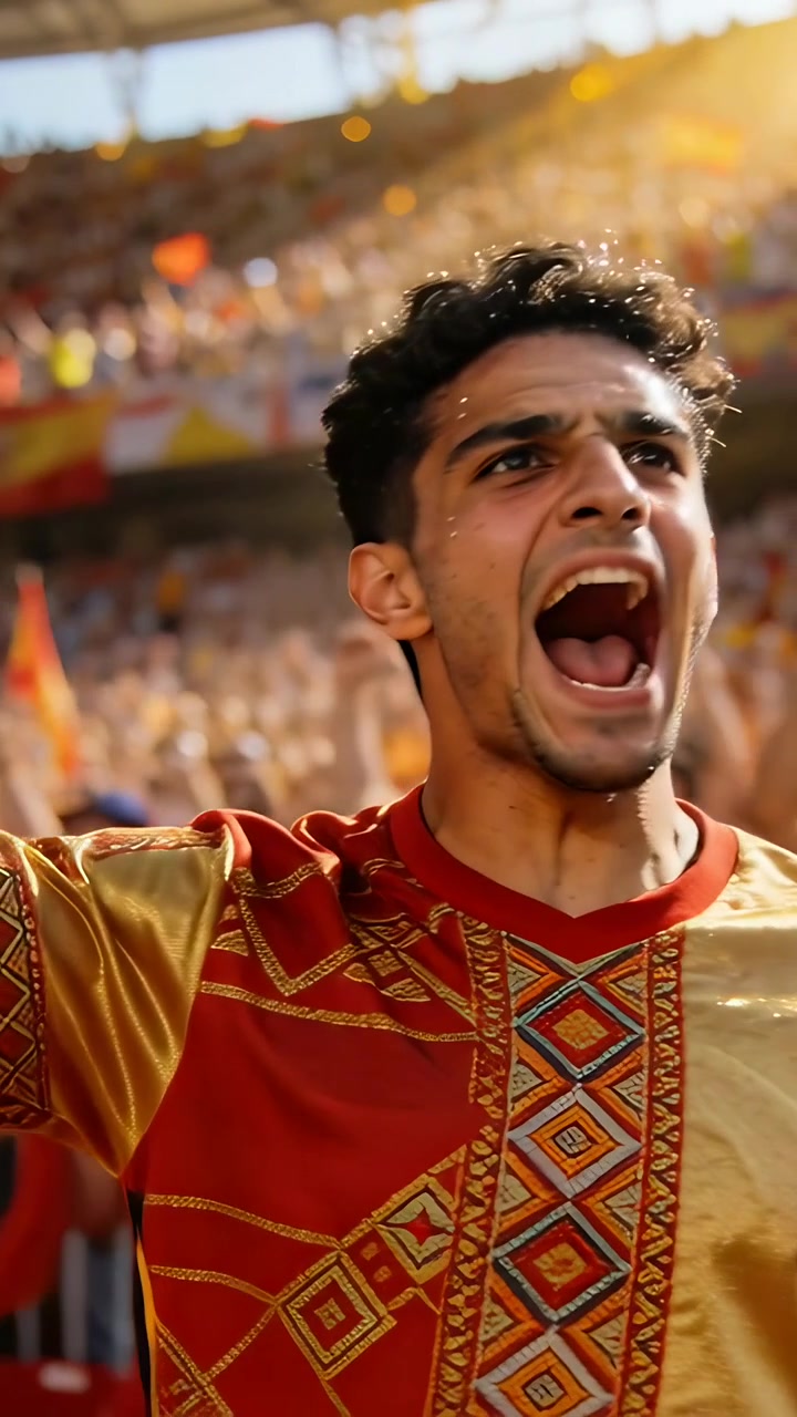 Video verticale: Uomo che esulta per un gol urlando, battendo il pugno e sventolando bandiere allo stadio in rosso e oro