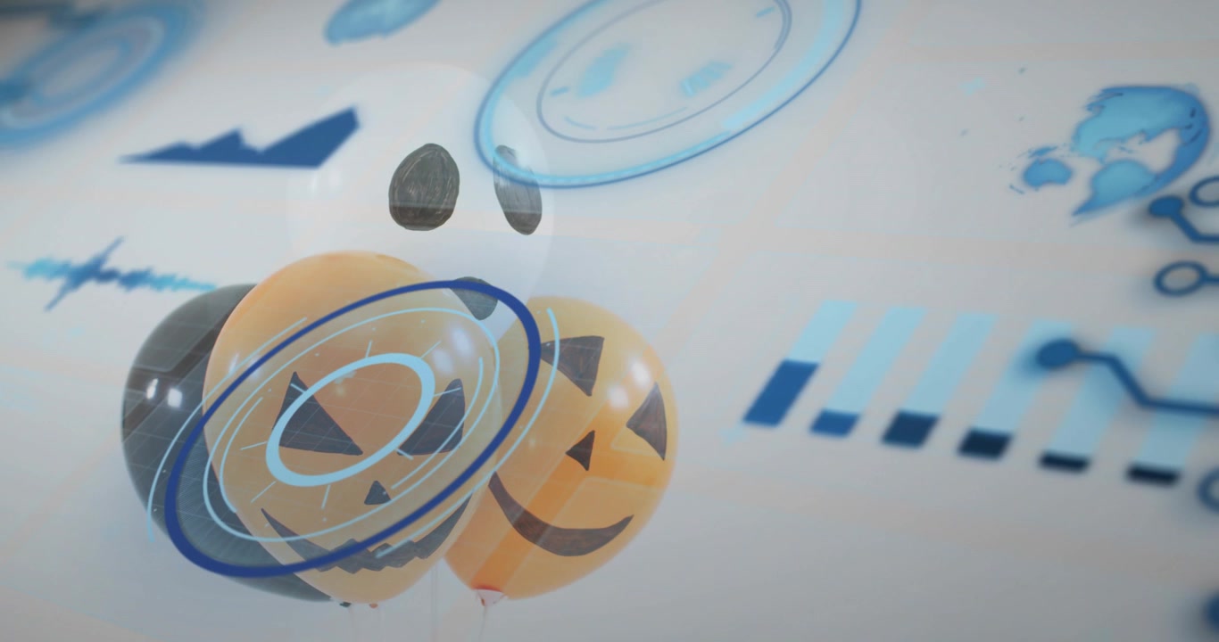 Balloons drifting into center, rings spinning, nodes floating, bar and globe pulsing, looping