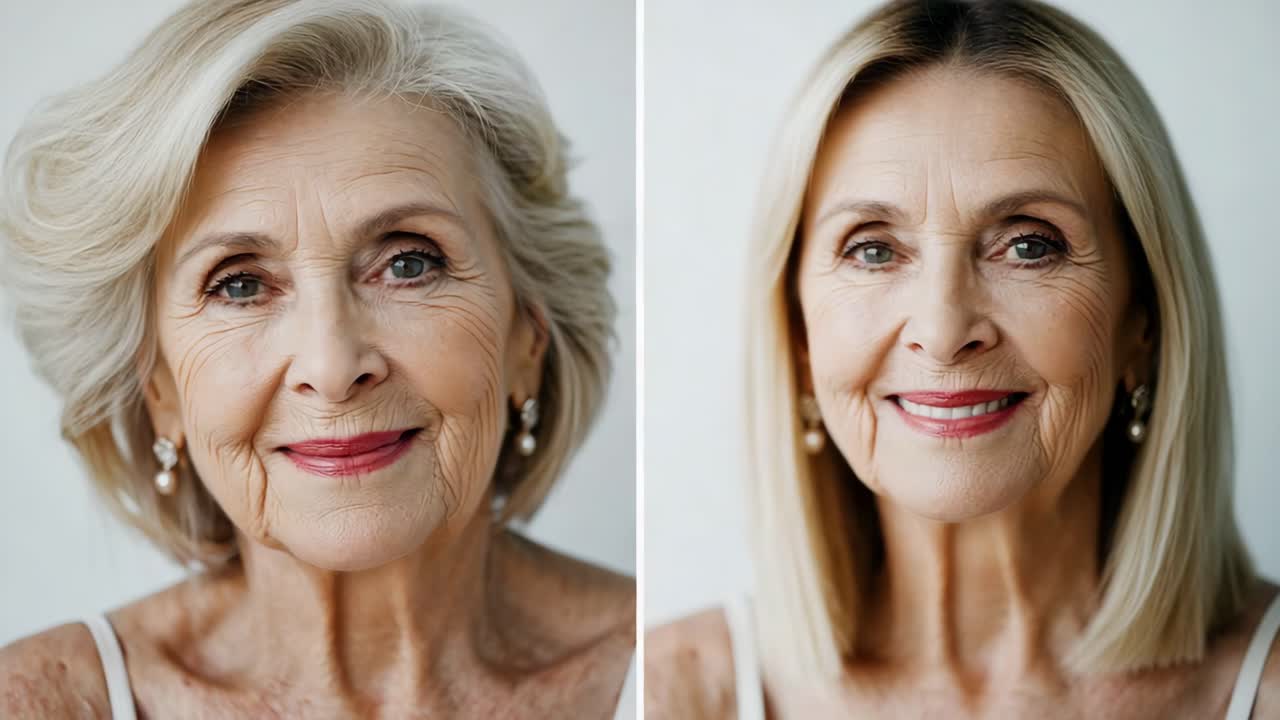 Elderly woman with gray hair progressively changes her hair color to blond, showcasing different shades and styles in a series of portraits on a white background