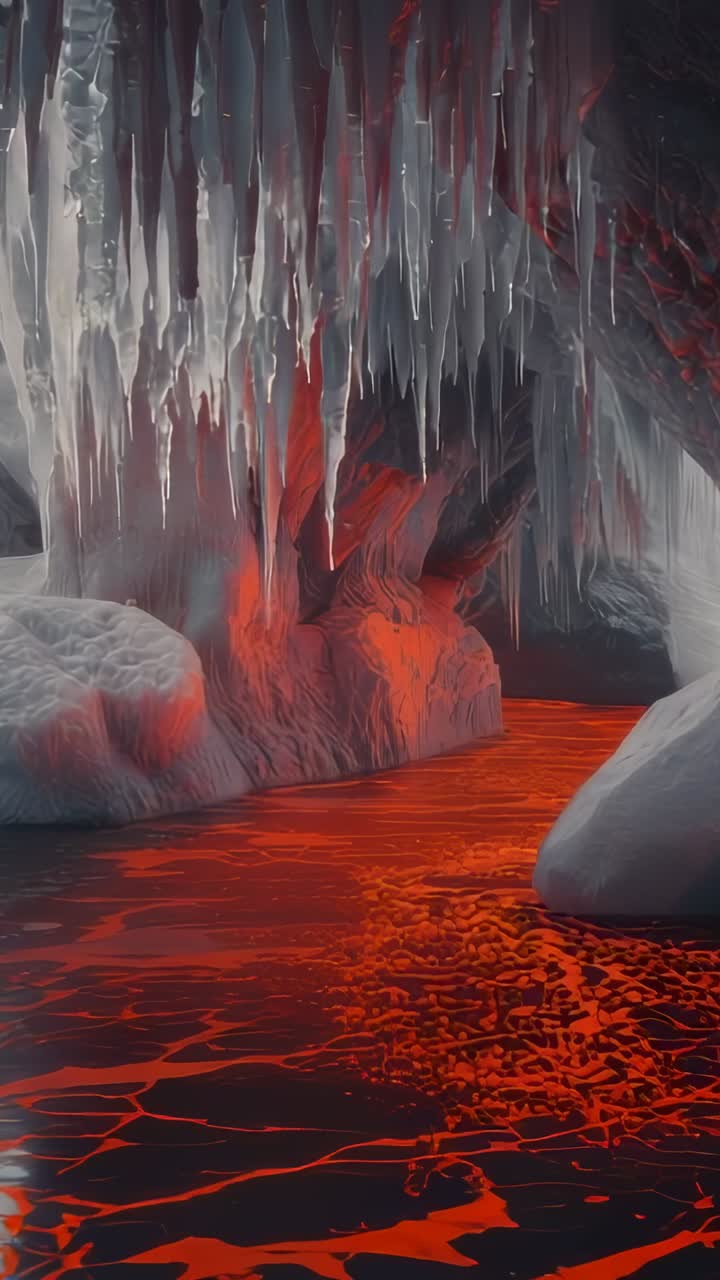 Vertical video: Flowing lava by geothermal pressure through ice cavern, lighting icicles