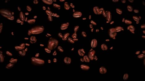 flying many coffee beans on black background. caffeine drink, breakfast, aroma. 3d animation of roasted coffee beans rotating. loop animation.