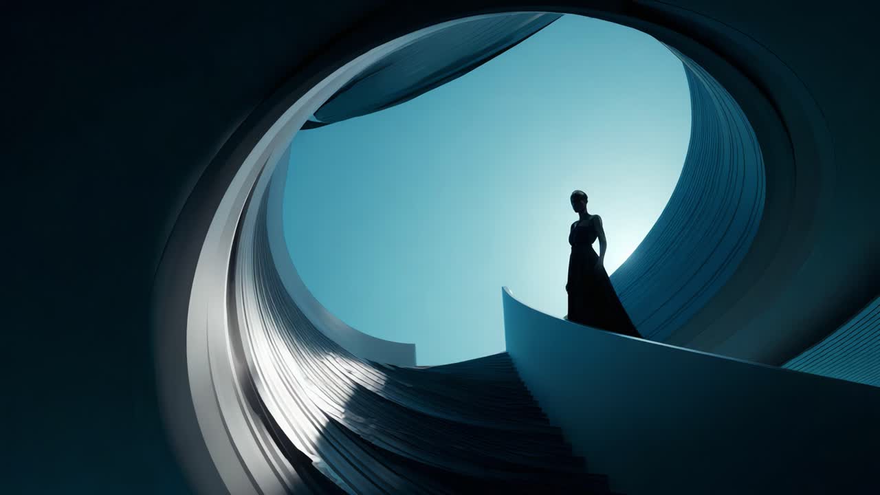 A Striking Silhouette Against a Modern Architectural Backdrop: A Model Poses Elegantly Within a Beautifully Curved Structure Showcasing Artistic Design and Fashion